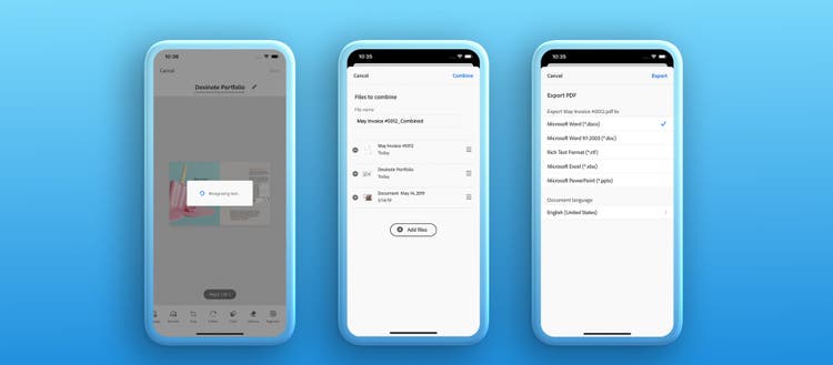 Images of 3 cell phone screens with Adobe Scan pages open.