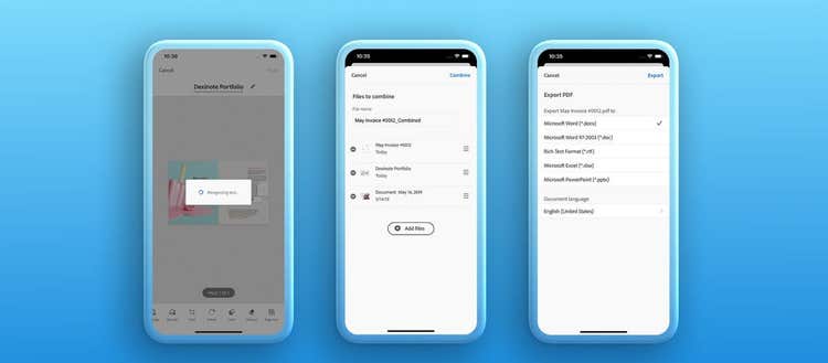 Images of 3 cell phone screens with Adobe Scan pages open.