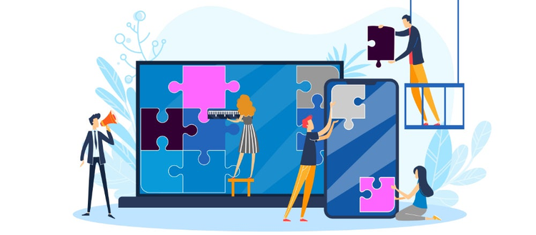 Illustration of a team using a design system to build user interface on laptop and mobile device.