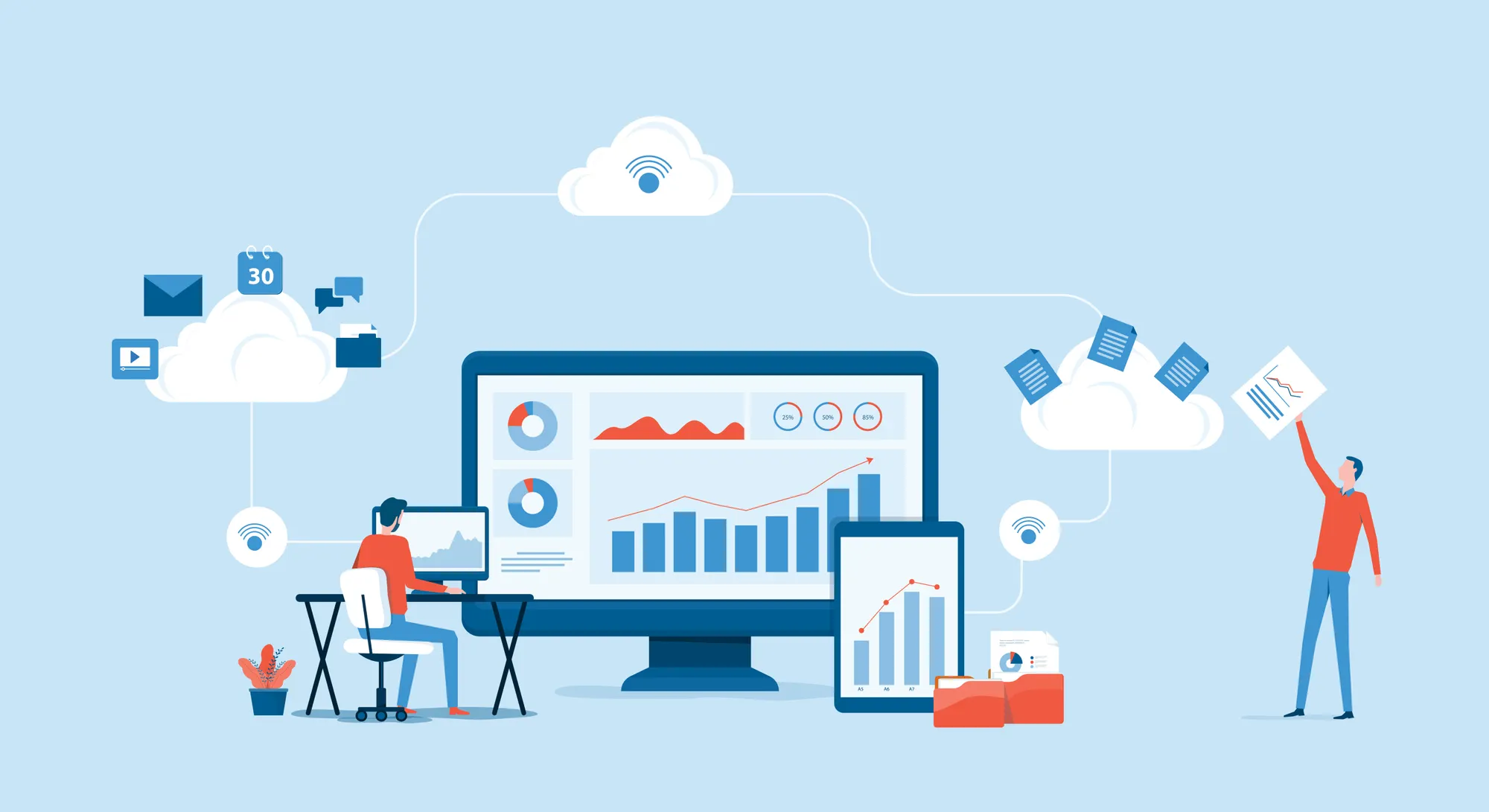 Illustration of business technology cloud computing service concept and with developer team working concept.