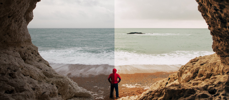 Photograph of person facing the ocean with half the image showing the use of a Premium Preset. 