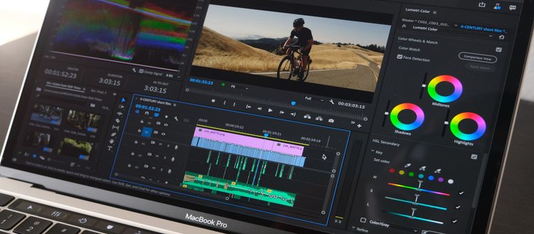 This image shows the Premiere Pro Beta with footage of a cyclist and the Lumetri color grading tools. In this image Premiere Pro is running on a 13" Apple M1 MacBook Pro