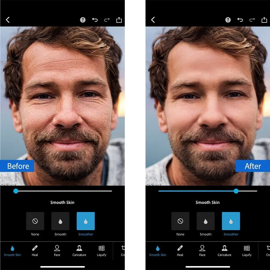 [left] before image: smiling man with lines on his face. [right] after image: smiling man with smoothed skin.