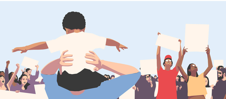 Illustration of a child sitting on adults shoulders with their arms spread out facing a crowd of people with signs. 