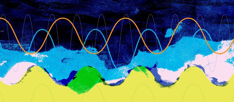 Abstract colorful sound waves against shades of blue and yellow. 