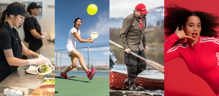 Four images of people doing various activities including, preparing food, playing pickleball, standing by a boat and posing for a picture. 