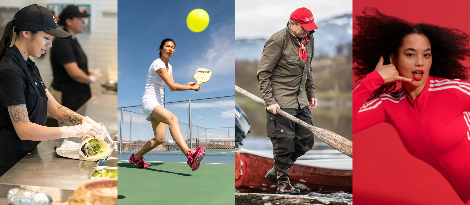 Four images of people doing various activities including, preparing food, playing pickleball, standing by a boat and posing for a picture.