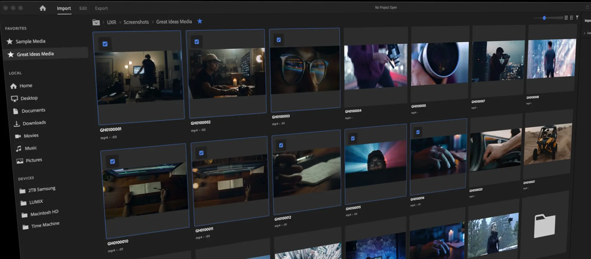 This is a stylized image showing the import mode, now in the Premiere Pro Beta. We see storage locations on the left, such as desktop, media folders, and storage drives, and in the middle of the UI a grid of video thumbnails. Each thumbnails has a small blue check box at the top left corner and some of these are checked, indicating that they will be imported into a new Premiere Pro project.