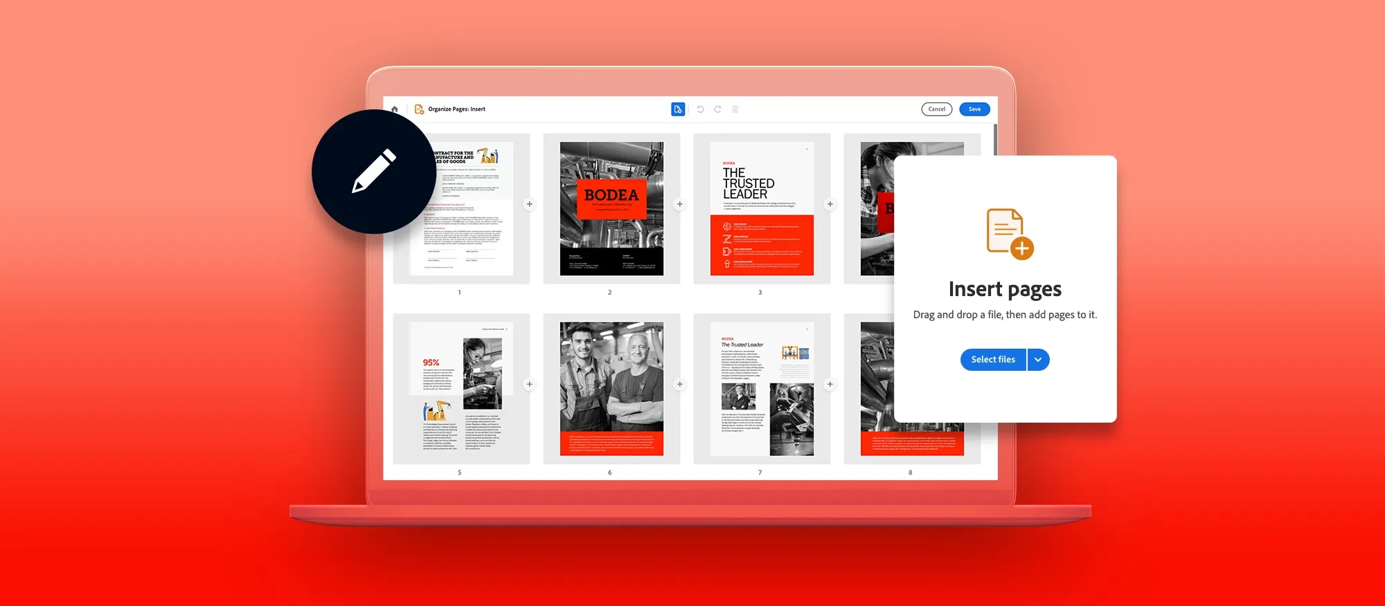 Add pages to any PDF with Adobe Acrobat Insert PDF Pages tool.