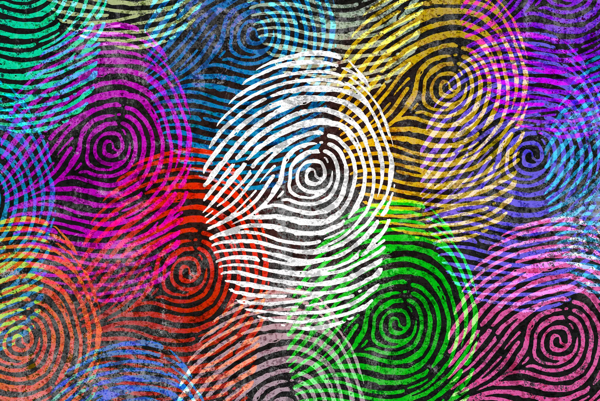 Colorful fingerprints layering over eachother.