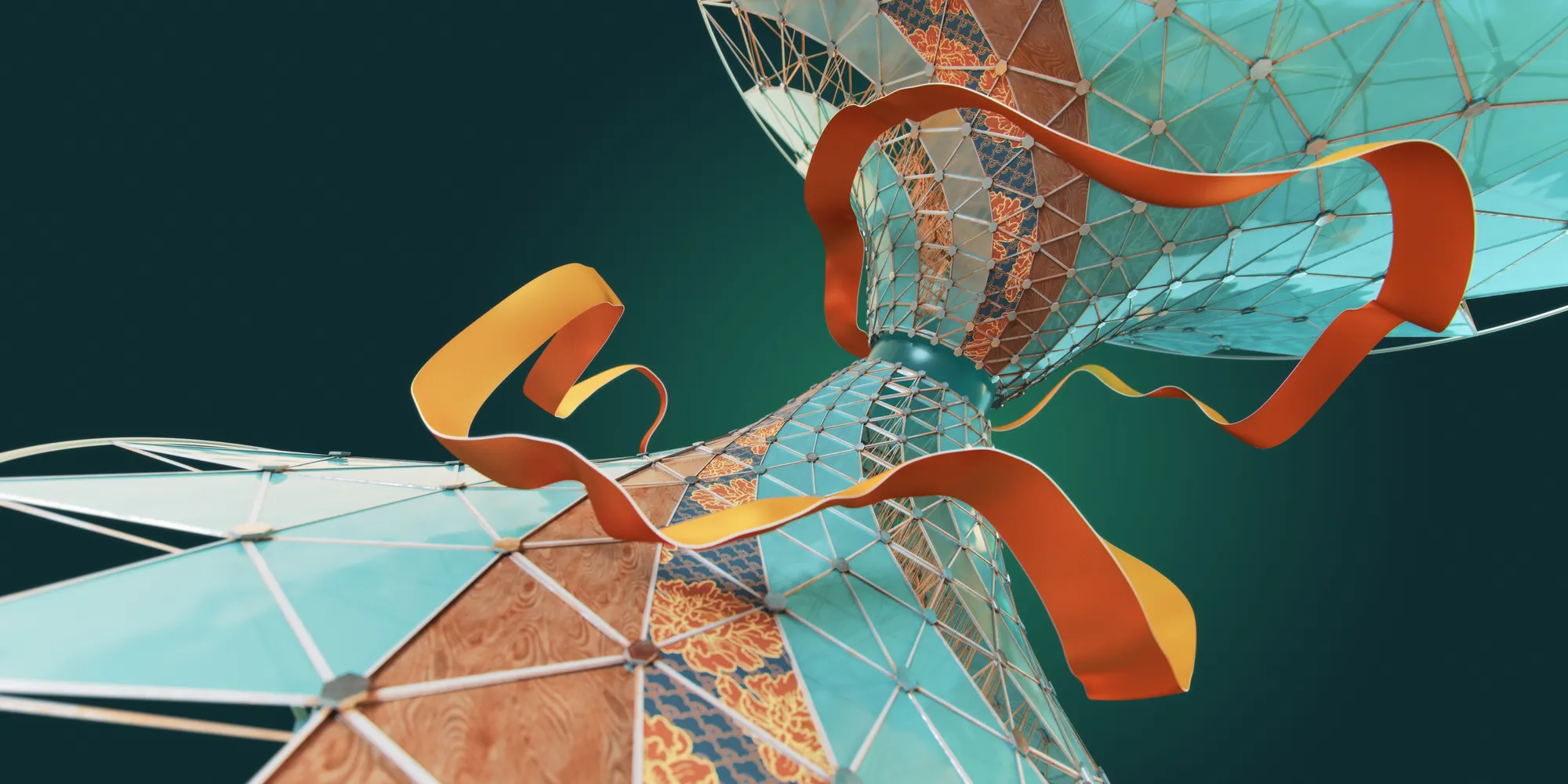 Colorful abstract art with two toned orange ribbon.