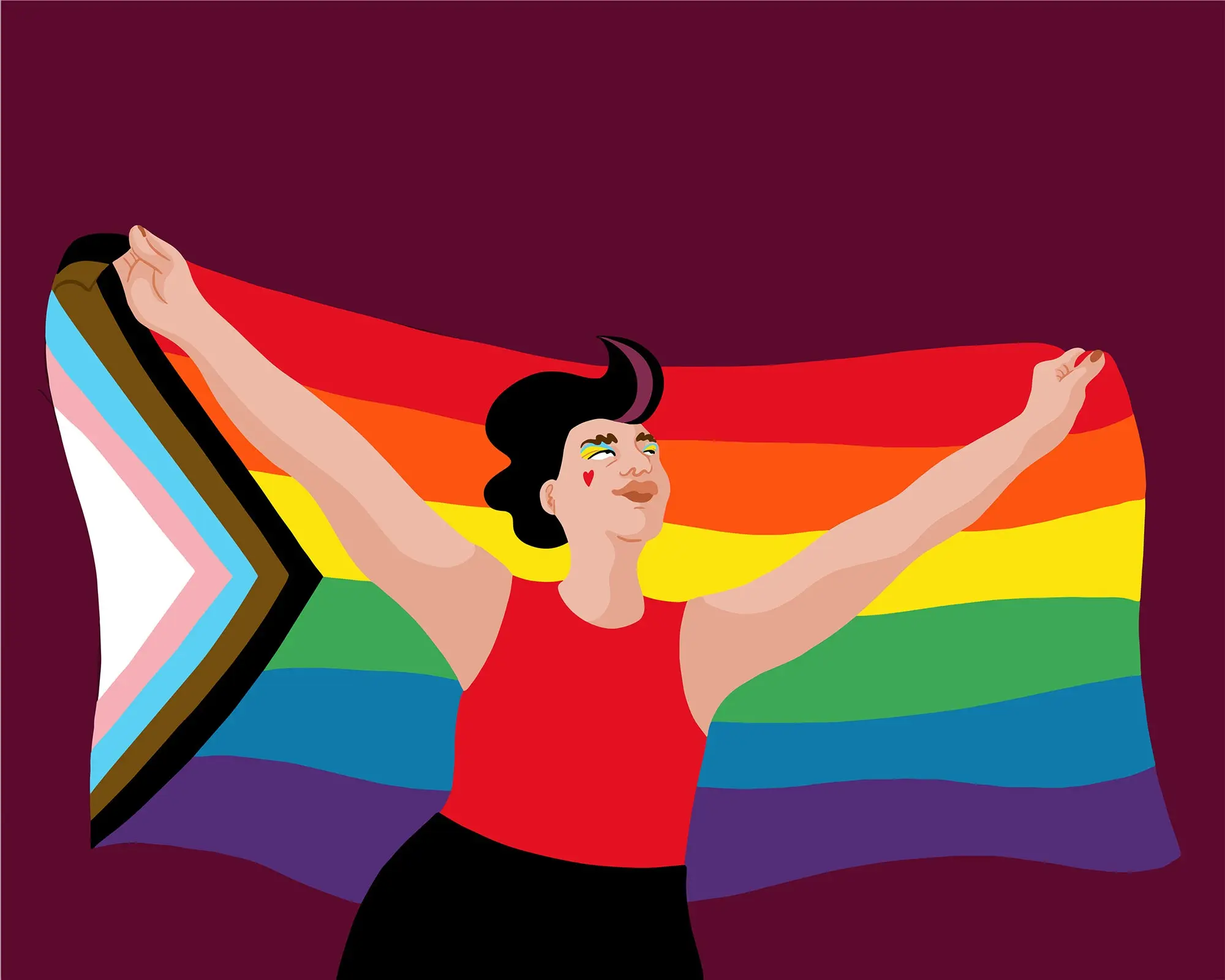 Illustrated image by Andrea Vollgas; person holding Pride flag like a cape