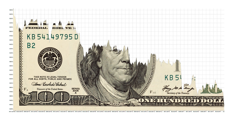 Image of $100 dollar bill with graphs going through the top half. 