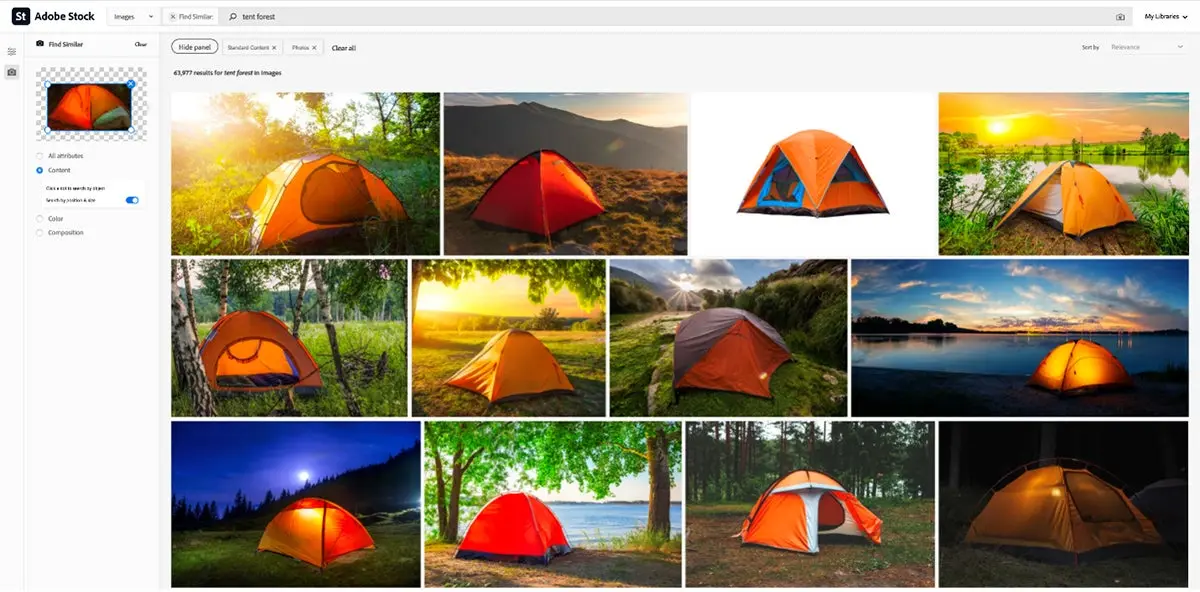 “Find similar” image search results in Adobe Stock of a tent in the forest, based on a sample image’s position and size of the tent – with the tent becoming the focal point of the image