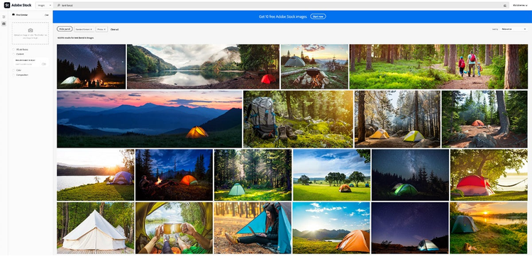 Image search in Adobe Stock for the terms “tent” and “forest”