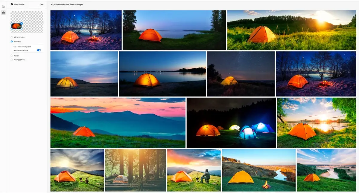 “Find similar” image search results in Adobe Stock of a tent in the forest, based on a sample image’s position – with the tent being displayed on the left side of the image