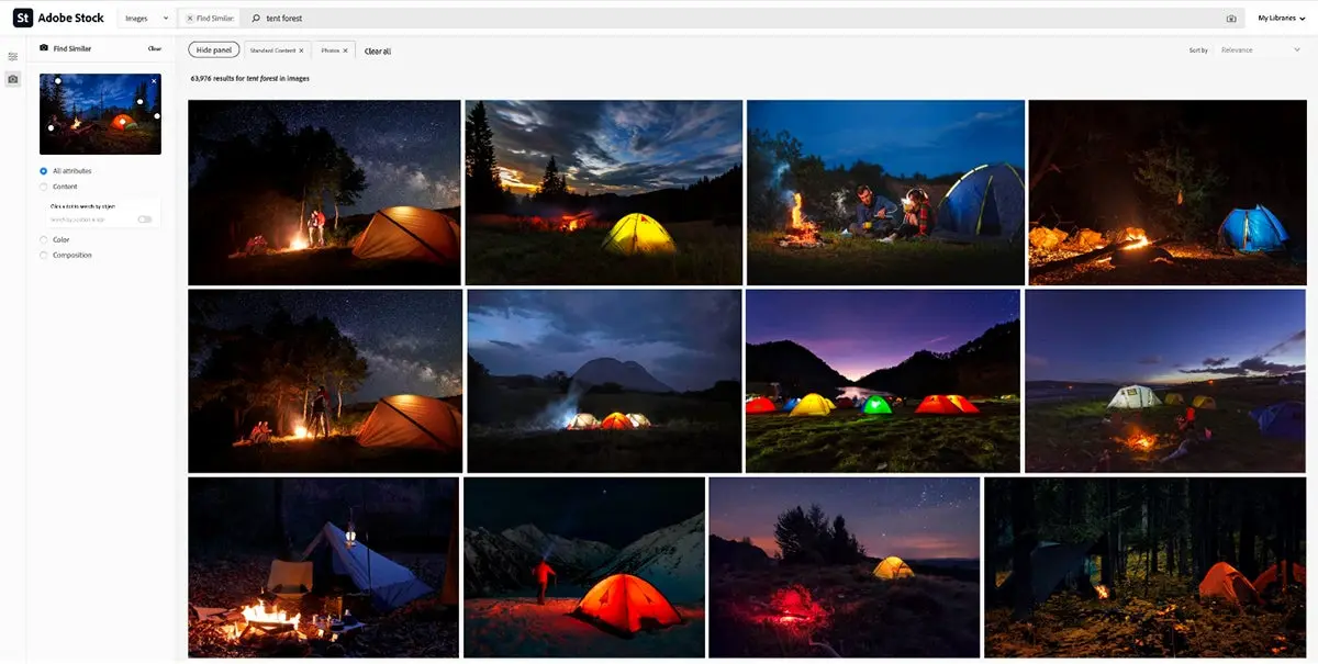 “Find similar” image search results in Adobe Stock of a tent in the forest, based on a sample image’s attributes (content, color and composition) 