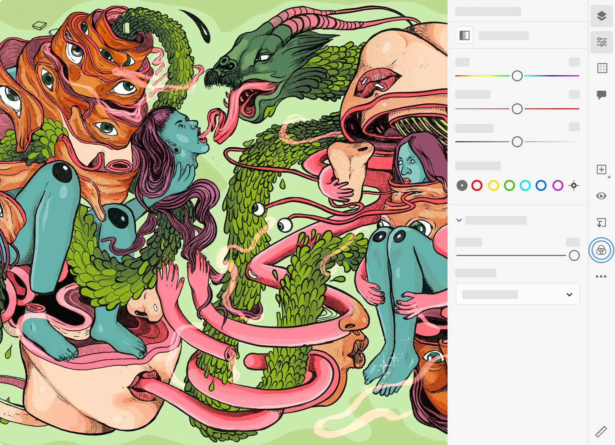 Image of colorful illlustrations of figures and dragon. 