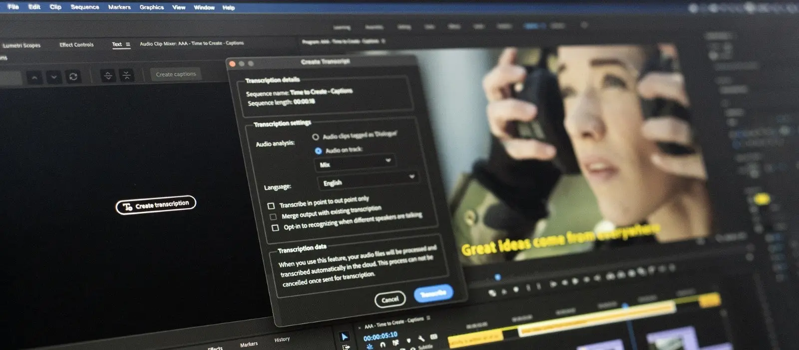 This stylized image shows the Premiere Pro interface with new Speech to Text.