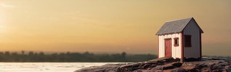 Photograph of small house on a rocky shore surrounded by water.