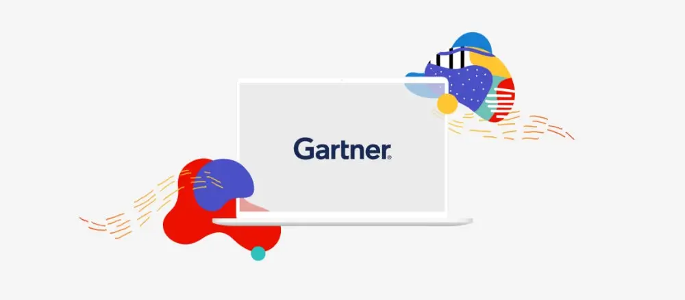 Gartner surrounded by colorful abstract shapes. 