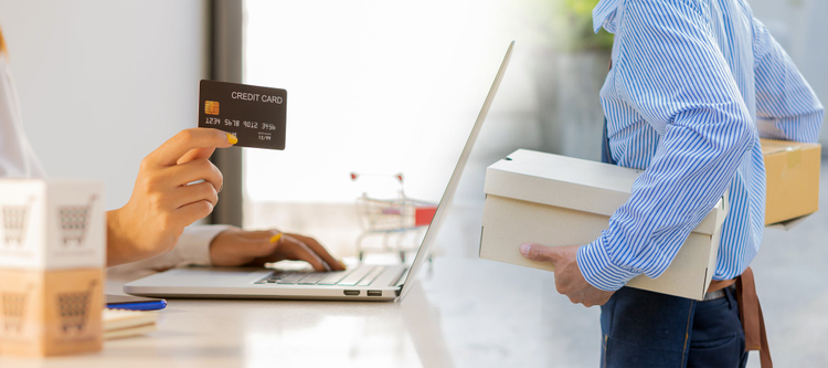Image of someone holding a credit card while on a laptop as well as someone holding two packages. 