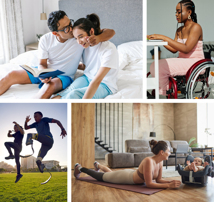 Collage of people with disabilites doing different activities. 