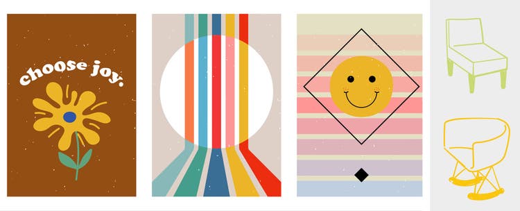 Photos of poster art and stickers with bright colors and playful graphics