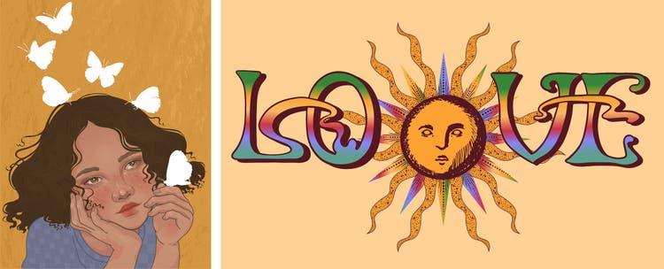 Illustrations of floral motifs and sun