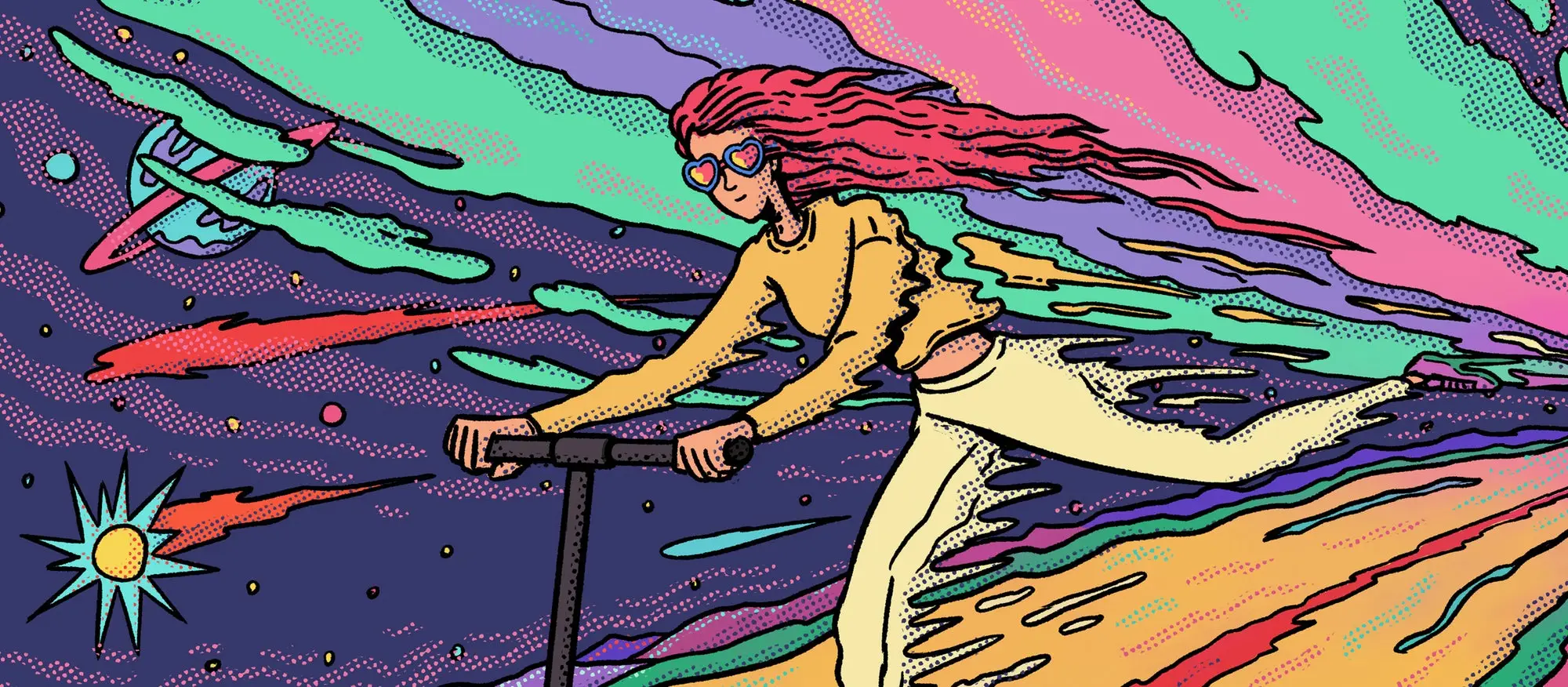 Illustration Of Young Cute Redhead Girl Riding An Electric Scooter On Colorful Fantasy Planet.