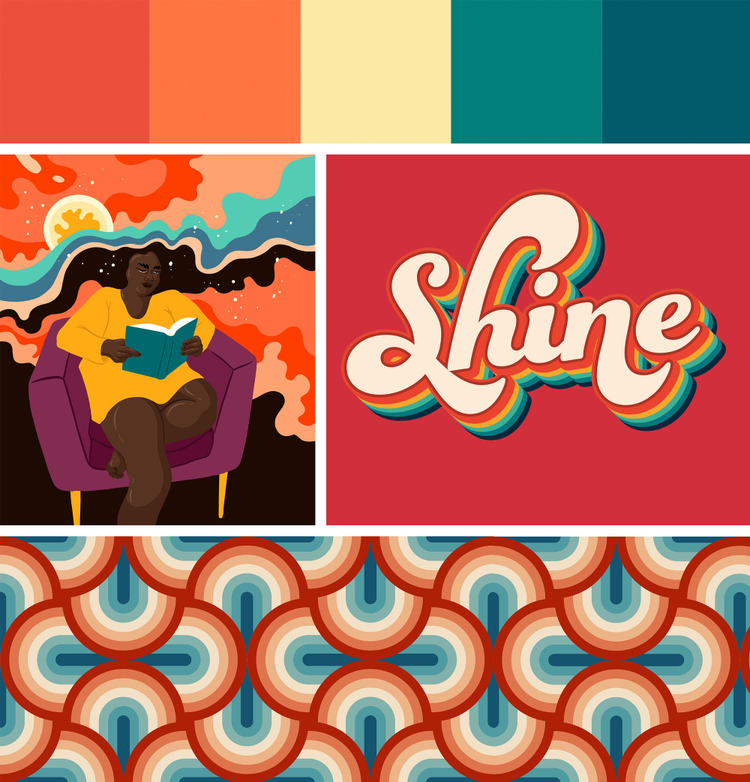 Various illustrations of bright colors and funky fonts