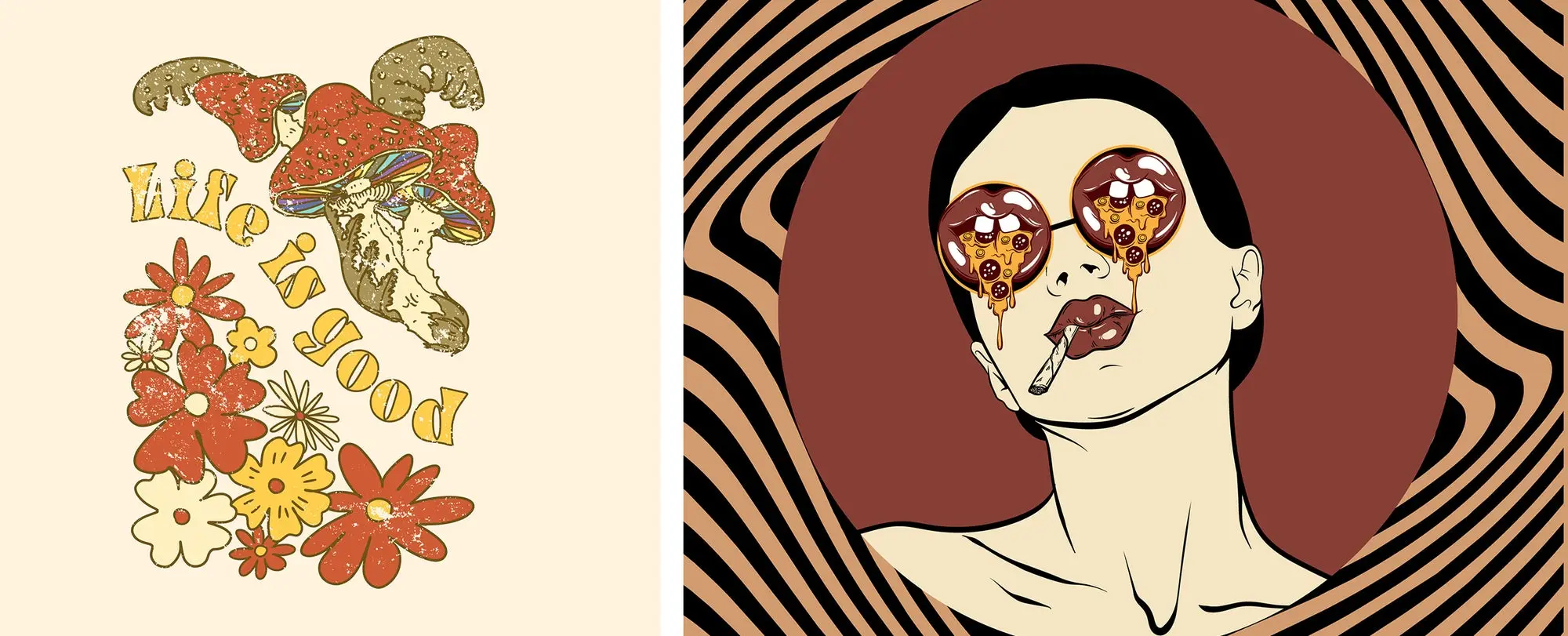 psychedelic illustrations of words and mushrooms and a woman's face