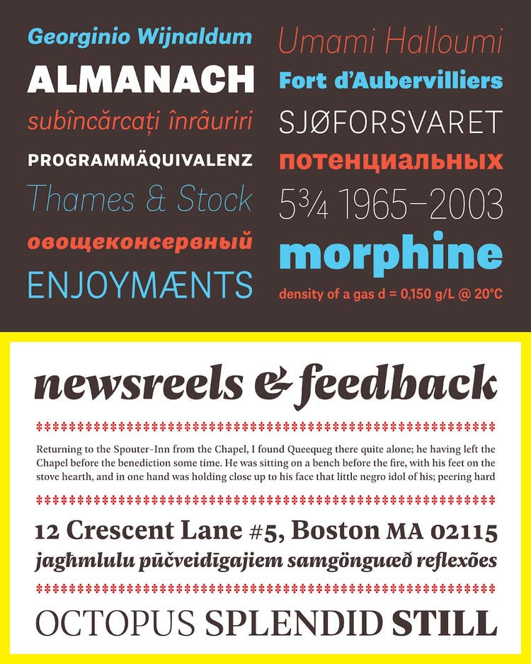 Almanach Font on a brown and yelllow background.