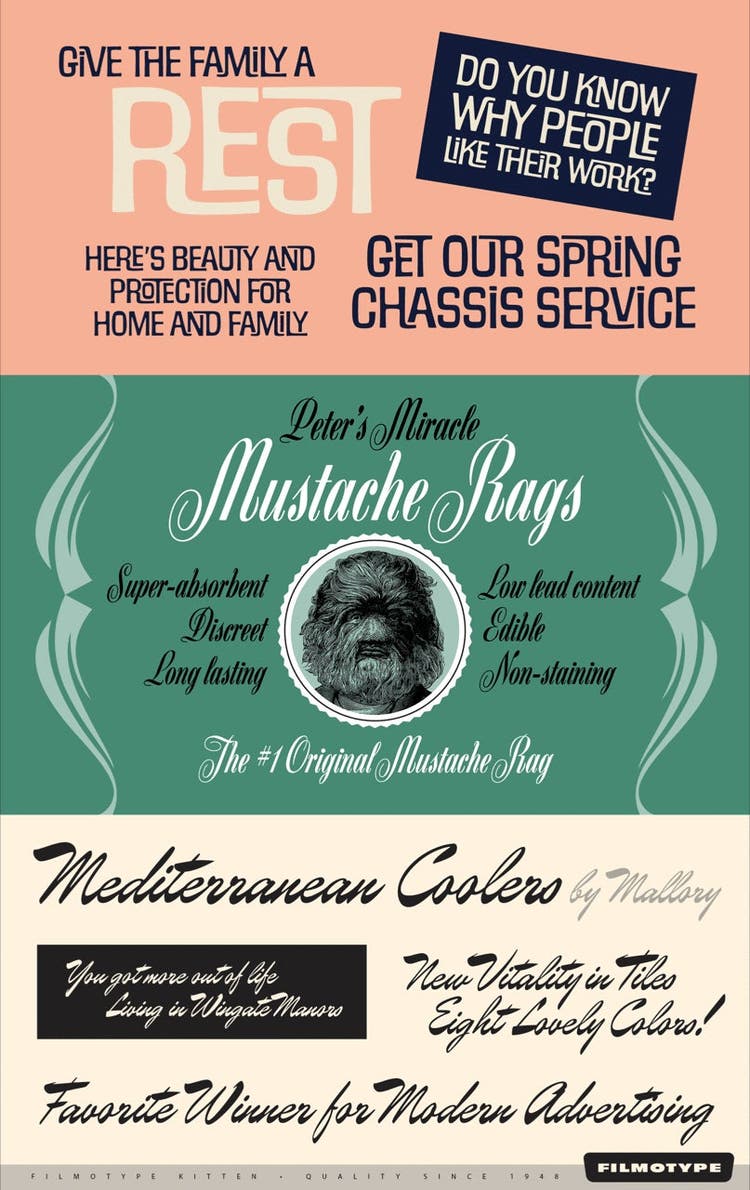 A varitety of Filmotype Fonts on a colorful background.