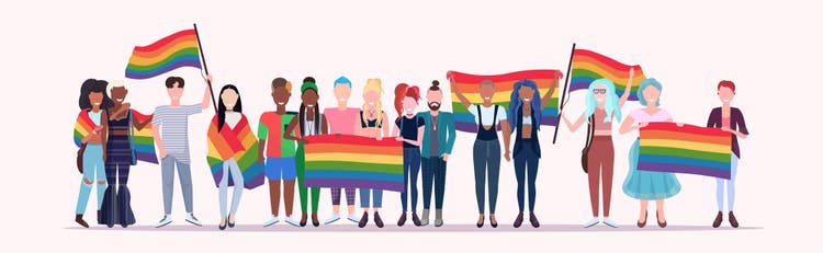Illustration of a group of people standing together holding rainbow flags.