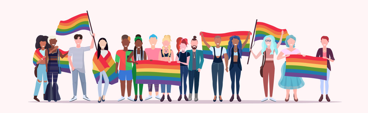 Illustration of a group of people standing together holding rainbow flags. 