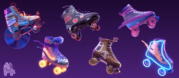 6 single colorful roller skates.
