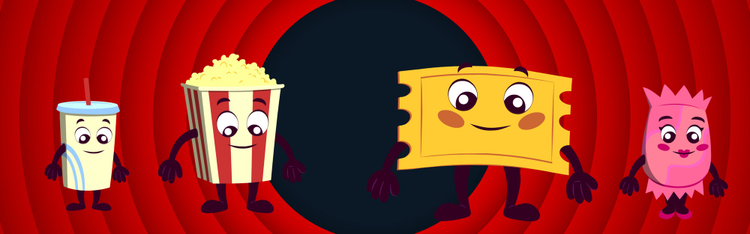 Illustration of a movie ticket with different snack puppets on it including Candy, Soda pop, Popcorn, and Ticket.