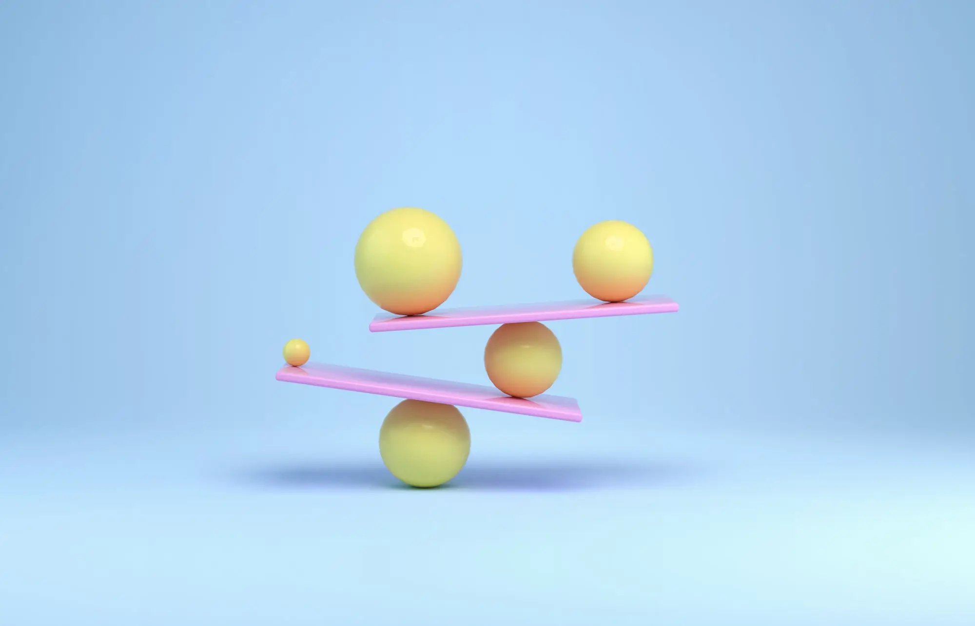 3D render: five yellow circles balancing on two pink platforms
