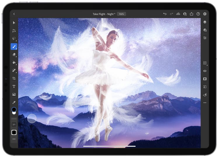 Photo of a ballerina on a Photoshop on iPad screen.