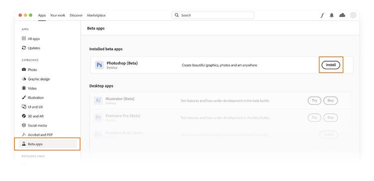 Screen shot of the new Photoshop Beta Program.