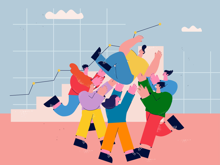 Illustration of group holding up person - metaphor for success.