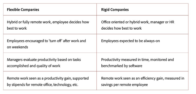 Table summarising key differences of flexible versus ridid companies. 