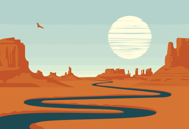 Illustration of road in desert facing moon. 
