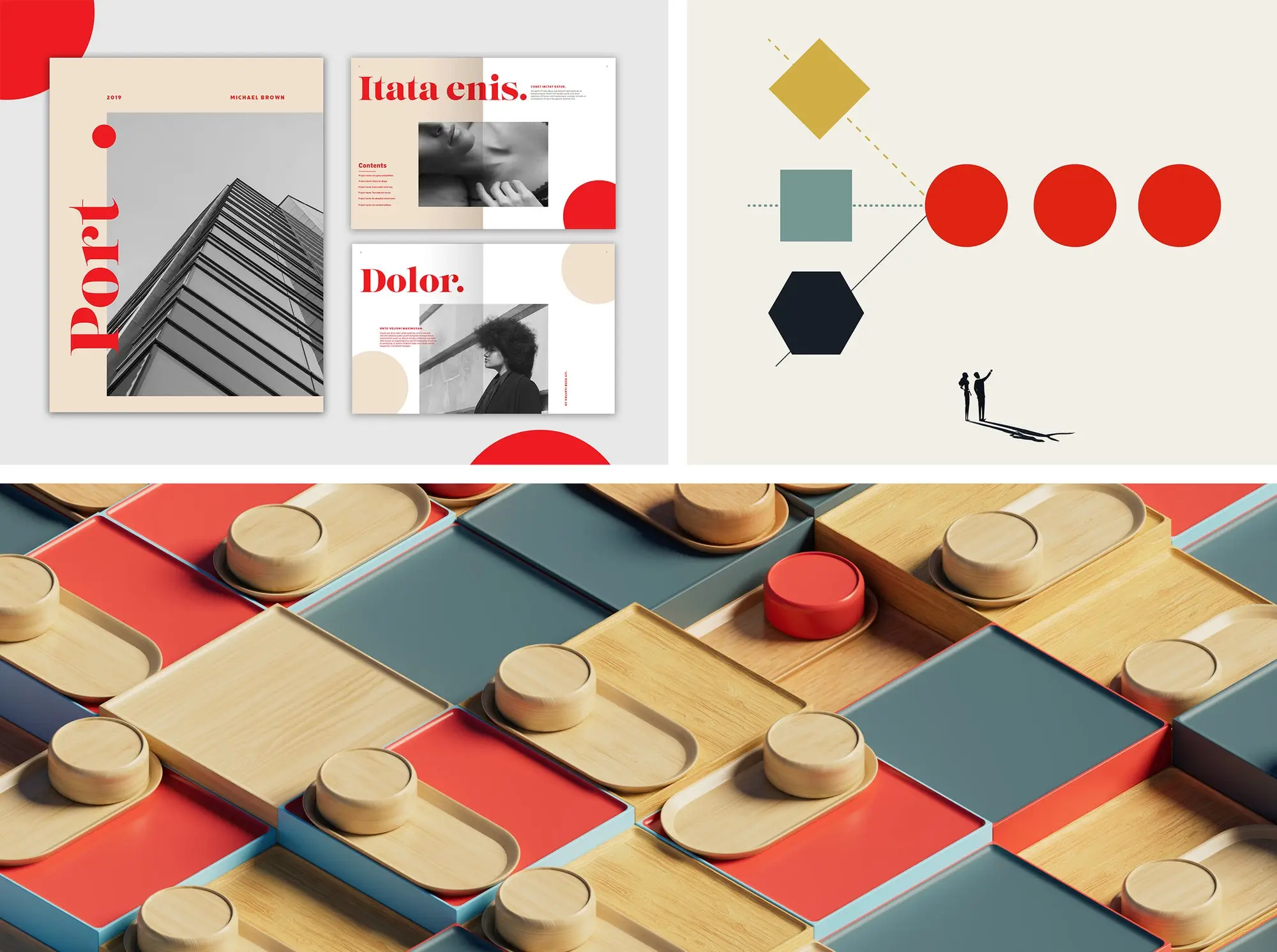 A collage of 3 images in green, red and wood tones using a Bauhausian emphasis on geometrics.
