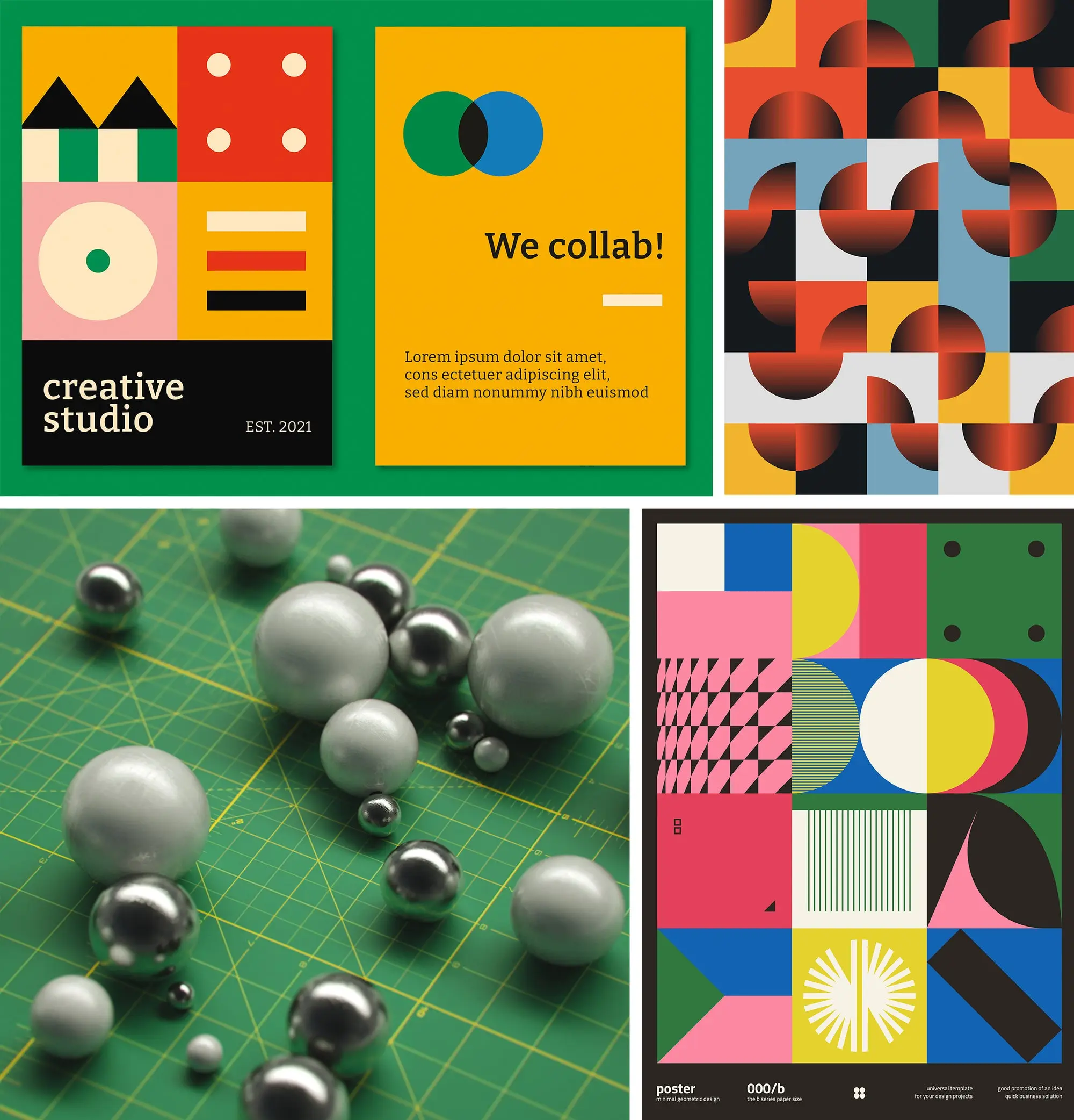 A collage of 4 art pieces created with Bauhaus-influence.