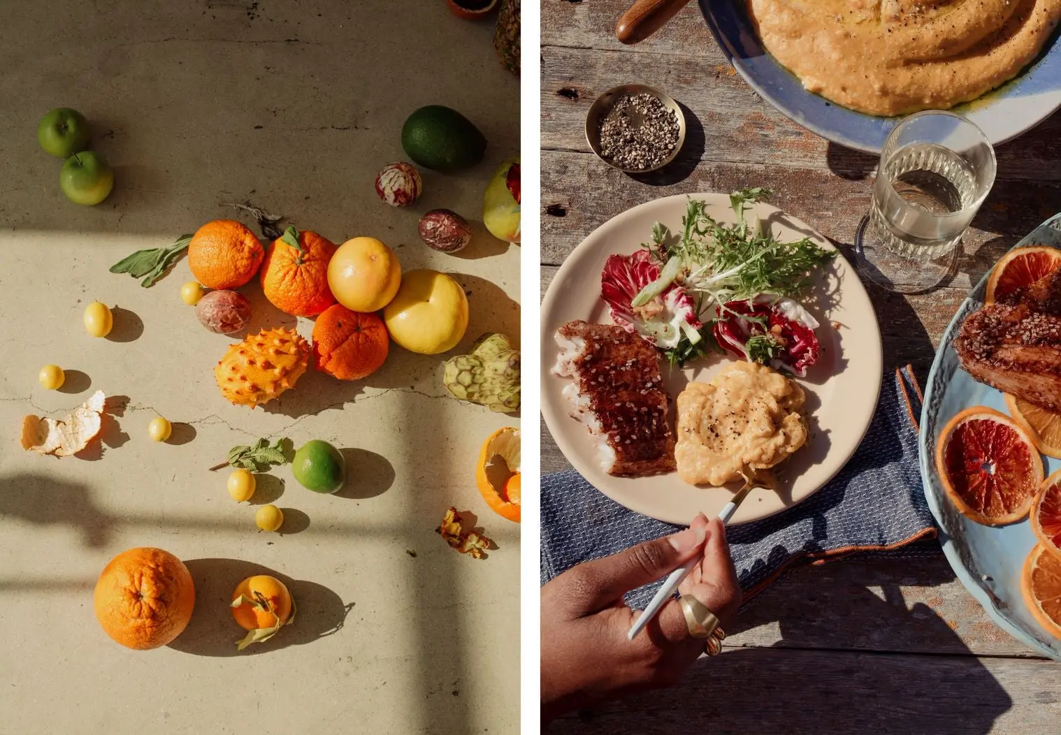 Left image, assortment of fruit, right image, a plate full of food. 