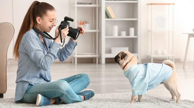 Girl taking a picture of a pug.