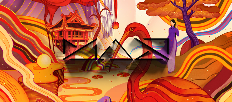 Colorful artwork of a bird and woman with a house in the background. 
