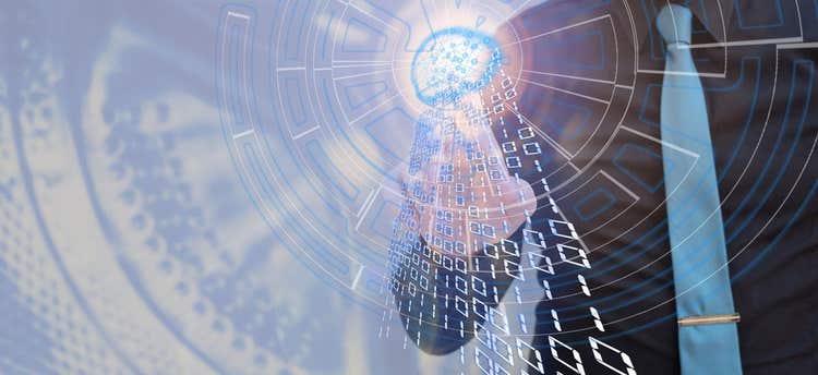 Digital image of man pushing on digital button.